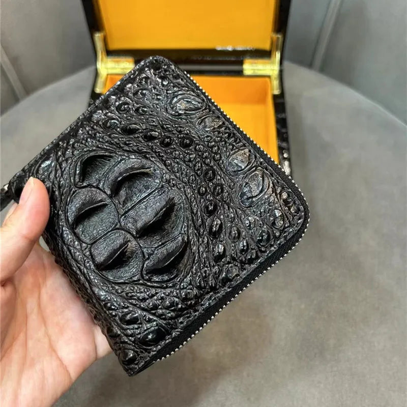 Authentic Exotic Alligator Leather Men's Short Black ZIP Bifold Wallet Genuine Real Crocodile Skin Male Small Brown Card Holders