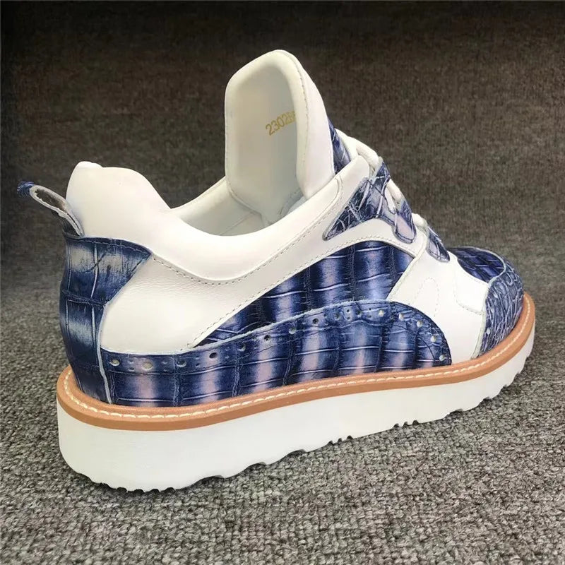 TREKHE | Imperial Duo-Tone Crocodile Sneakers – White & Blue Lace-Up Board Shoes