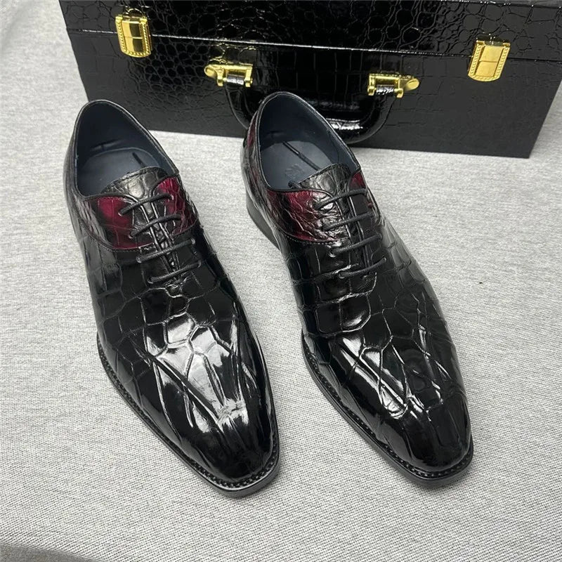 TREKHE | Exotic Crocodile Oxford Shoes – Genuine Leather Men's Square Toe Lace-Up