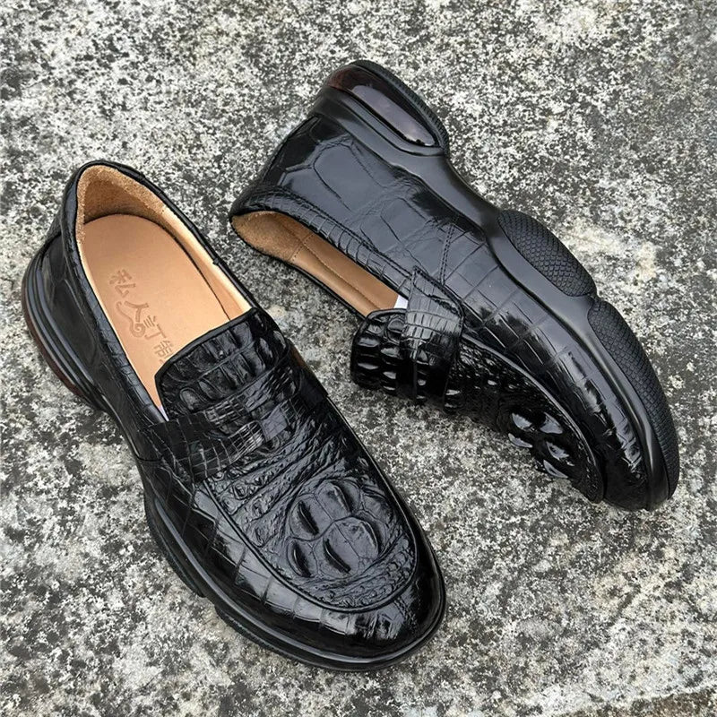 TREKHE | Imperial Black Crocodile Loafers – Weiche Slip-On Business Casual