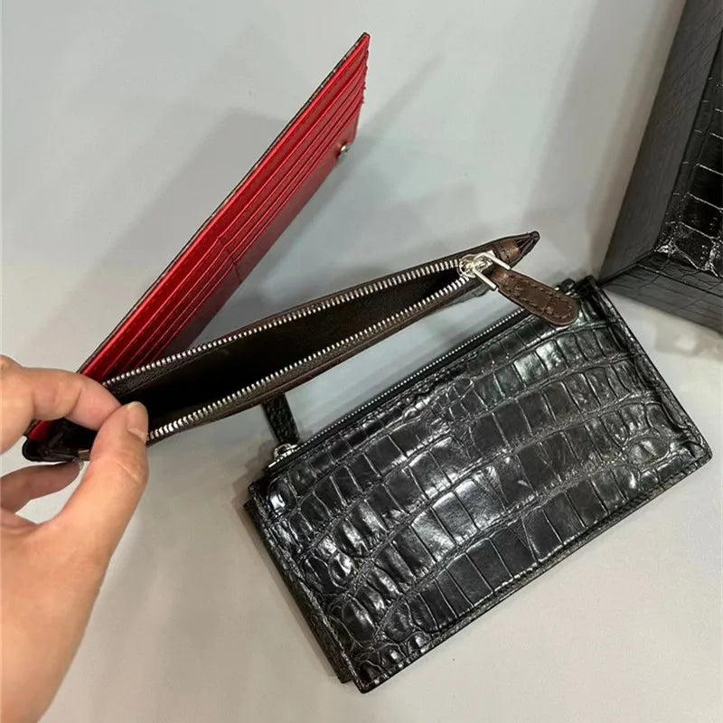 TREKHE | Linear Crocodile Slim Wallet – Langer Organizer aus Leder mit Reißverschluss
