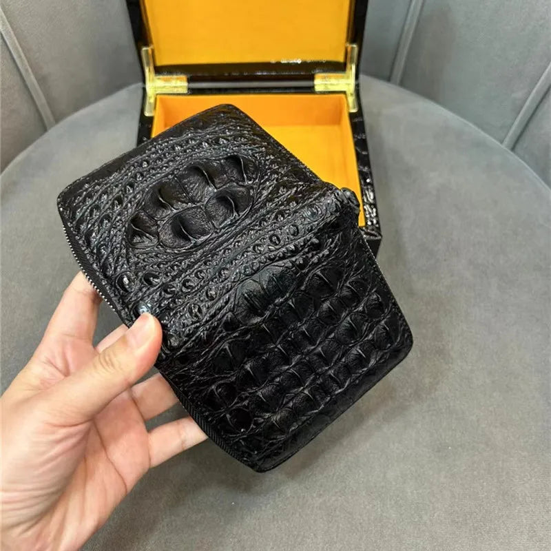 Authentic Exotic Alligator Leather Men's Short Black ZIP Bifold Wallet Genuine Real Crocodile Skin Male Small Brown Card Holders
