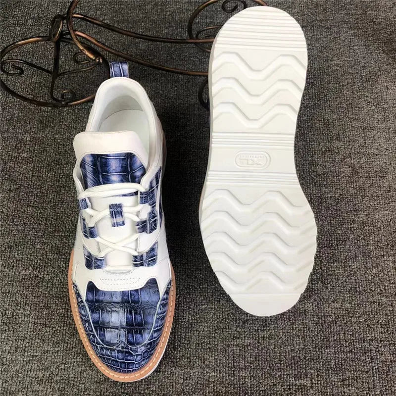 TREKHE | Imperial Duo-Tone Crocodile Sneakers – White & Blue Lace-Up Board Shoes