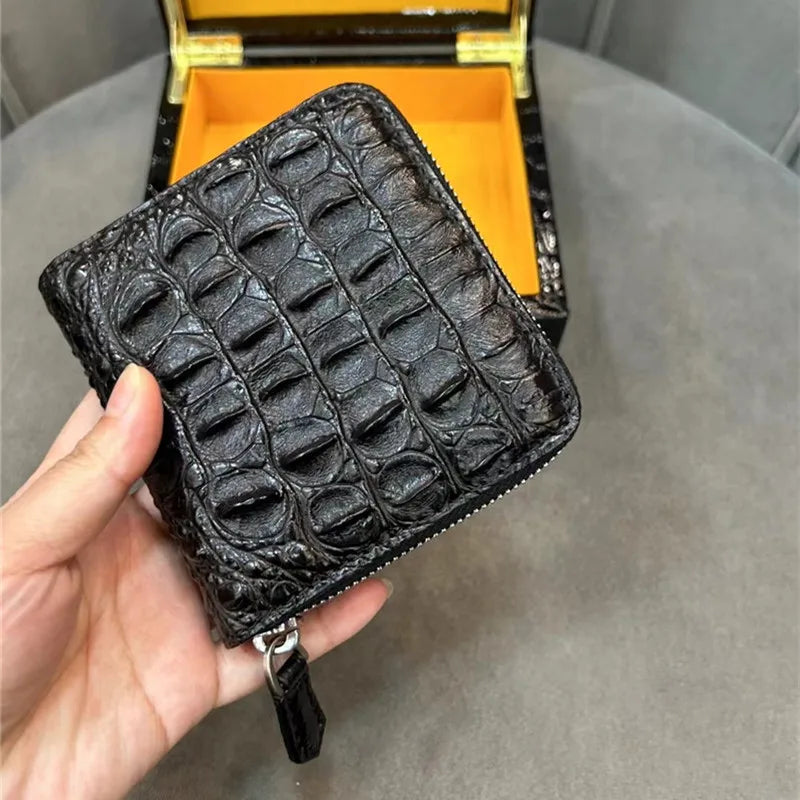 Authentic Exotic Alligator Leather Men's Short Black ZIP Bifold Wallet Genuine Real Crocodile Skin Male Small Brown Card Holders
