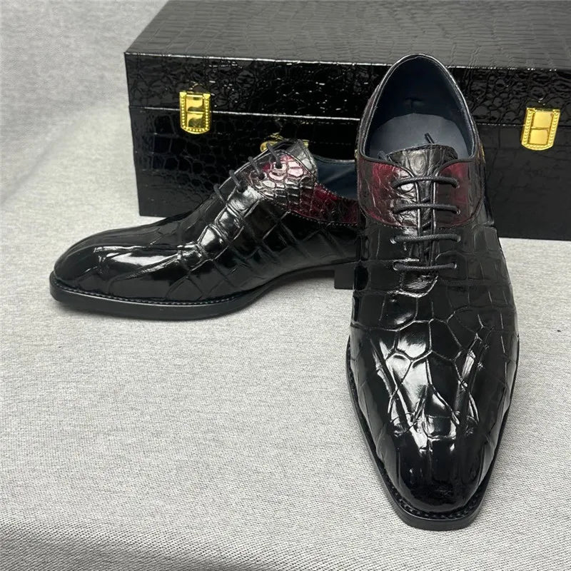 TREKHE | Exotic Crocodile Oxford Shoes – Genuine Leather Men's Square Toe Lace-Up