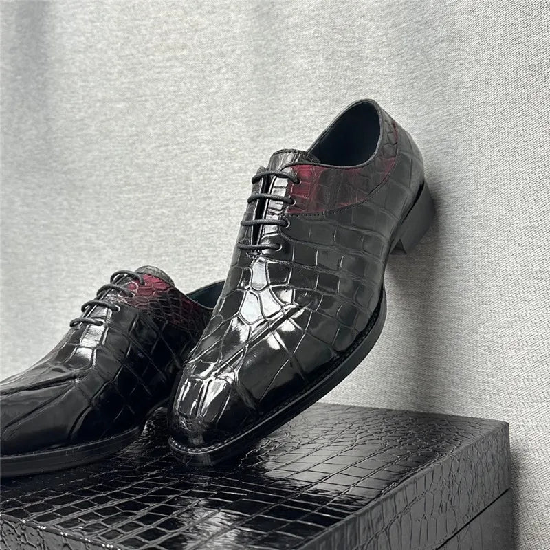 TREKHE | Exotic Crocodile Oxford Shoes – Genuine Leather Men's Square Toe Lace-Up