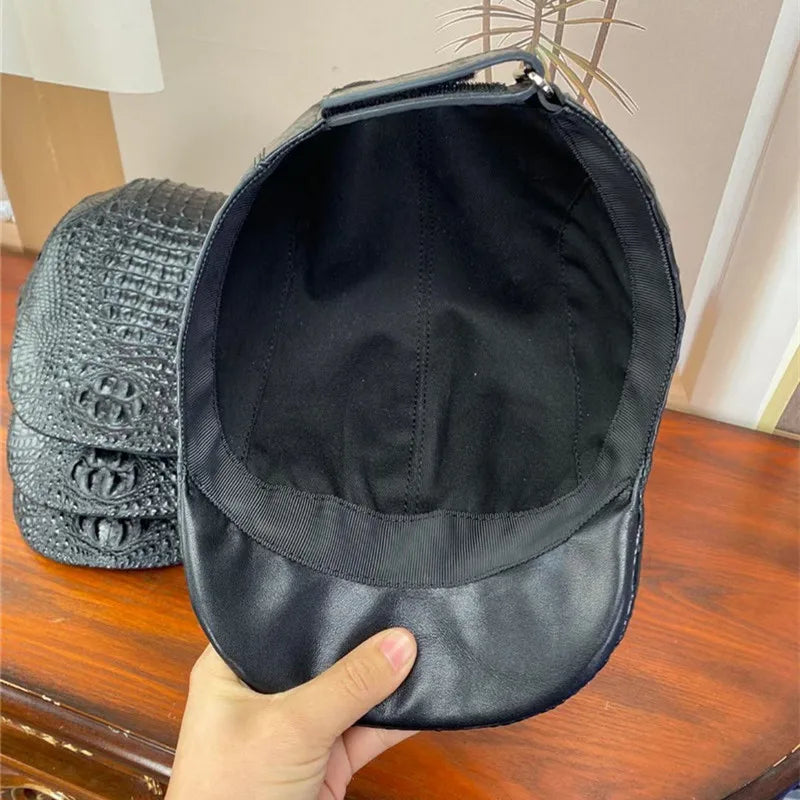 TREKHE | Noir Crocodile Newsboy Cap – Black Exotic Leather Flat Hat