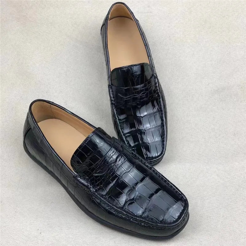 TREKHE | Imperial Driving Loafers – Schwarze Slipper aus Krokodil