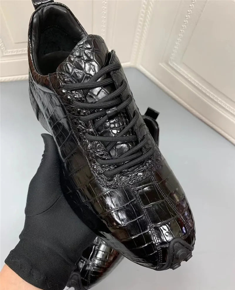 45-degree angled shot of TREKHE crocodile leather sneaker highlighting mid-top height