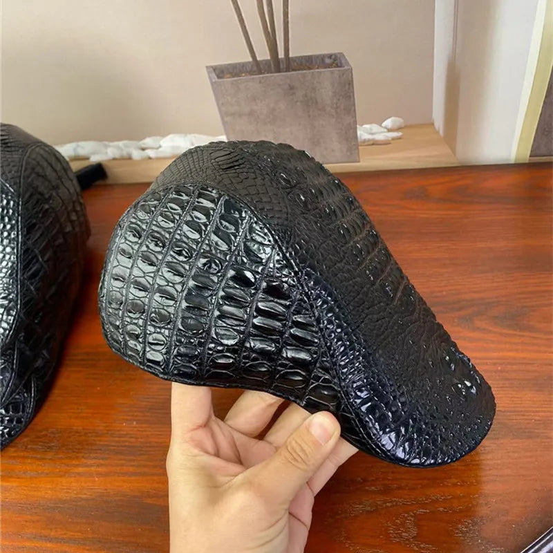 TREKHE | Noir Crocodile Newsboy Cap – Black Exotic Leather Flat Hat
