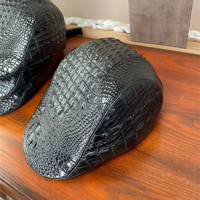 TREKHE | Noir Crocodile Newsboy Cap – Black Exotic Leather Flat Hat
