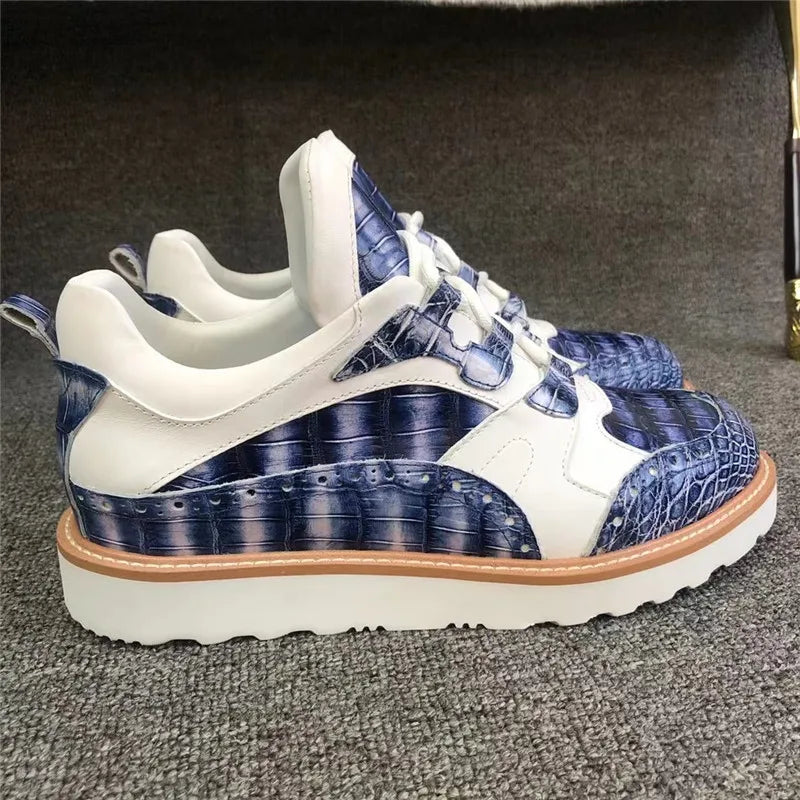 TREKHE | Imperial Duo-Tone Crocodile Sneakers – White & Blue Lace-Up Board Shoes