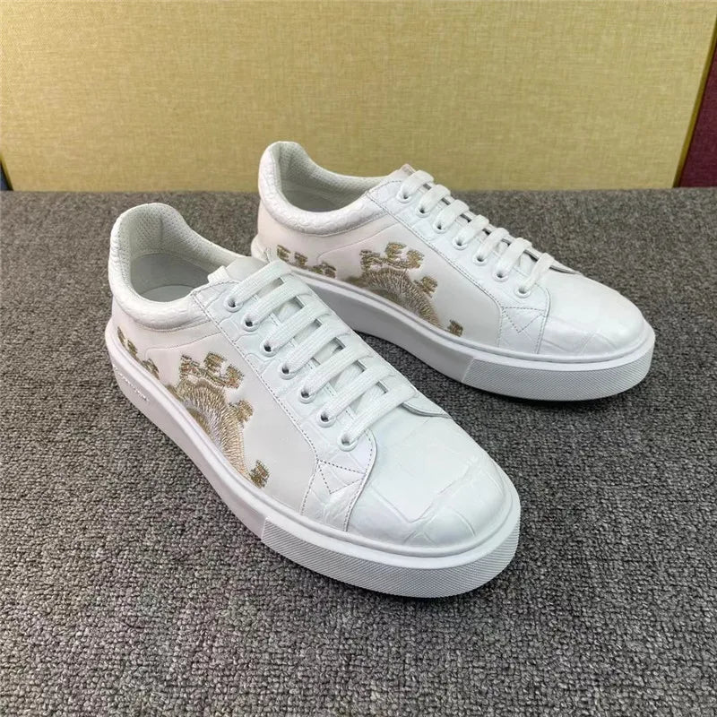 TREKHE | Imperial White Crocodile Sneakers – Embroidered Lace-Up Board Shoes