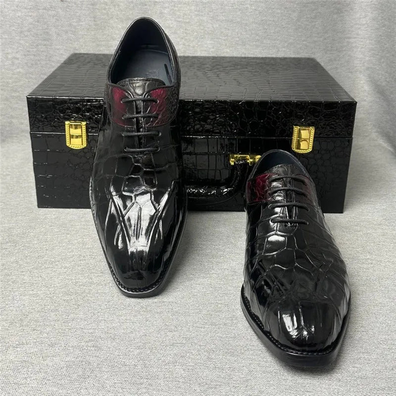 TREKHE | Exotic Crocodile Oxford Shoes – Genuine Leather Men's Square Toe Lace-Up