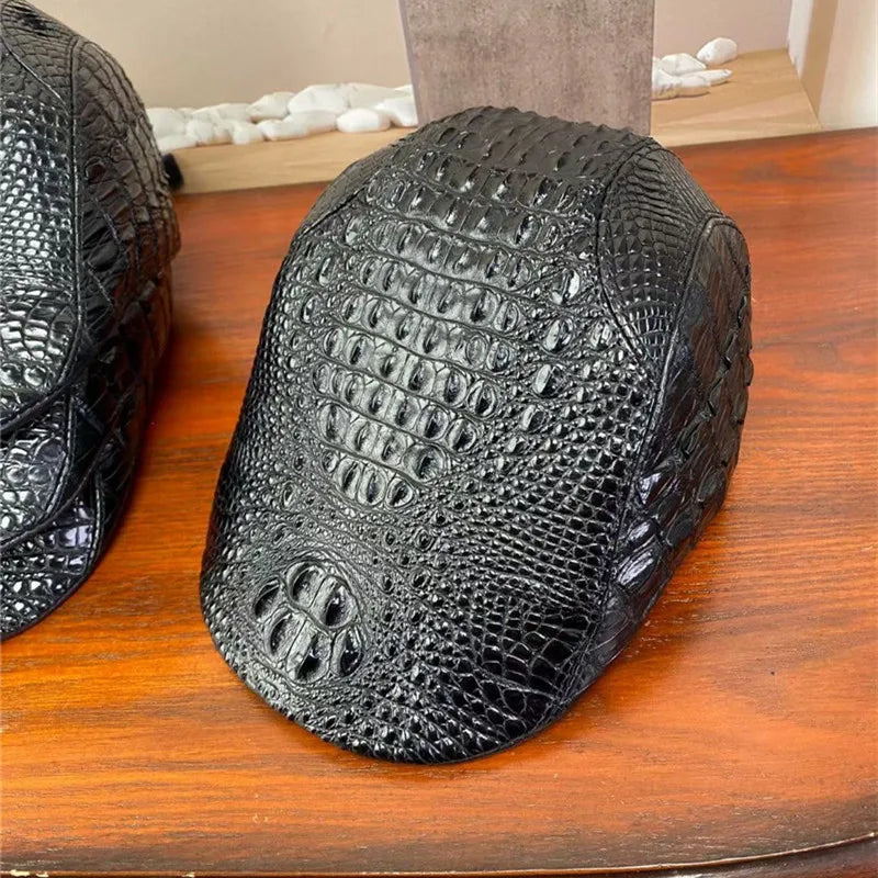 TREKHE | Noir Crocodile Newsboy Cap – Black Exotic Leather Flat Hat