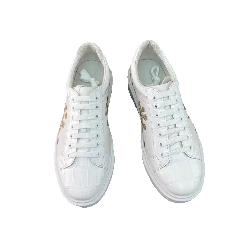 TREKHE | Imperial White Crocodile Sneakers – Embroidered Lace-Up Board Shoes
