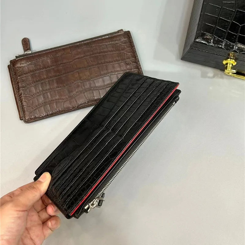 TREKHE | Linear Crocodile Slim Wallet – Langer Organizer aus Leder mit Reißverschluss