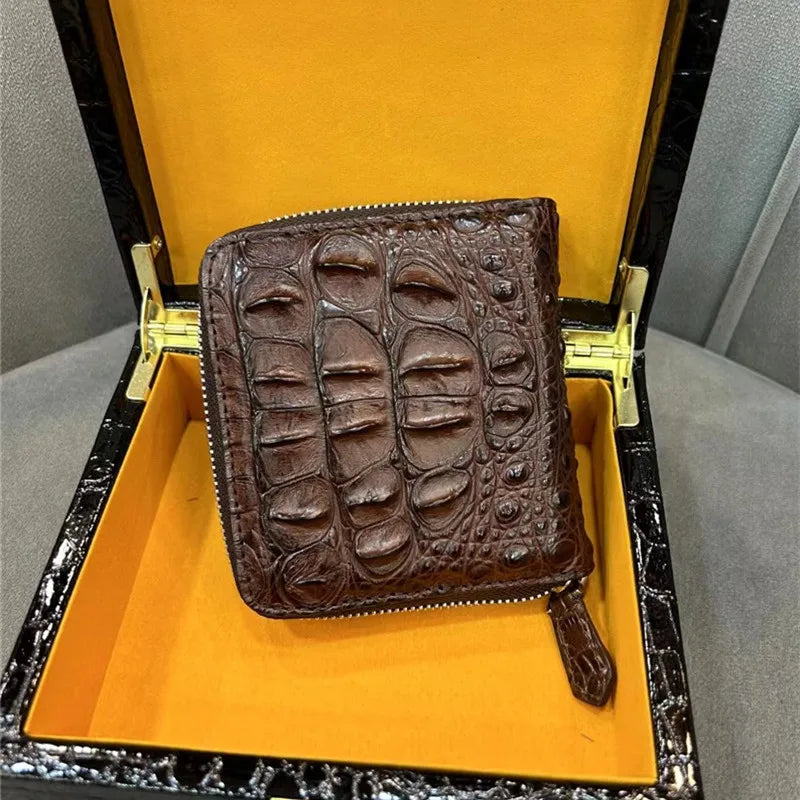 Authentic Exotic Alligator Leather Men's Short Black ZIP Bifold Wallet Genuine Real Crocodile Skin Male Small Brown Card Holders