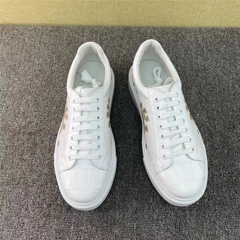 TREKHE | Imperial White Crocodile Sneakers – Embroidered Lace-Up Board Shoes