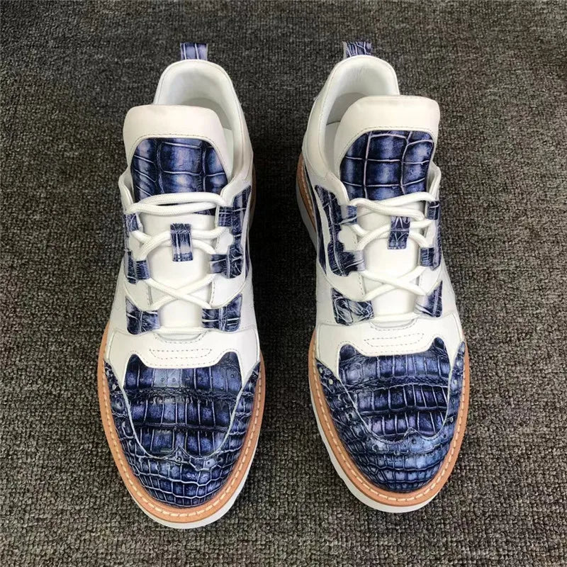TREKHE | Imperial Duo-Tone Crocodile Sneakers – White & Blue Lace-Up Board Shoes