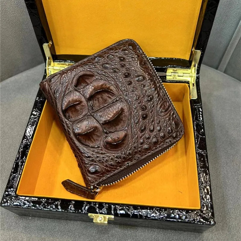 Authentic Exotic Alligator Leather Men's Short Black ZIP Bifold Wallet Genuine Real Crocodile Skin Male Small Brown Card Holders