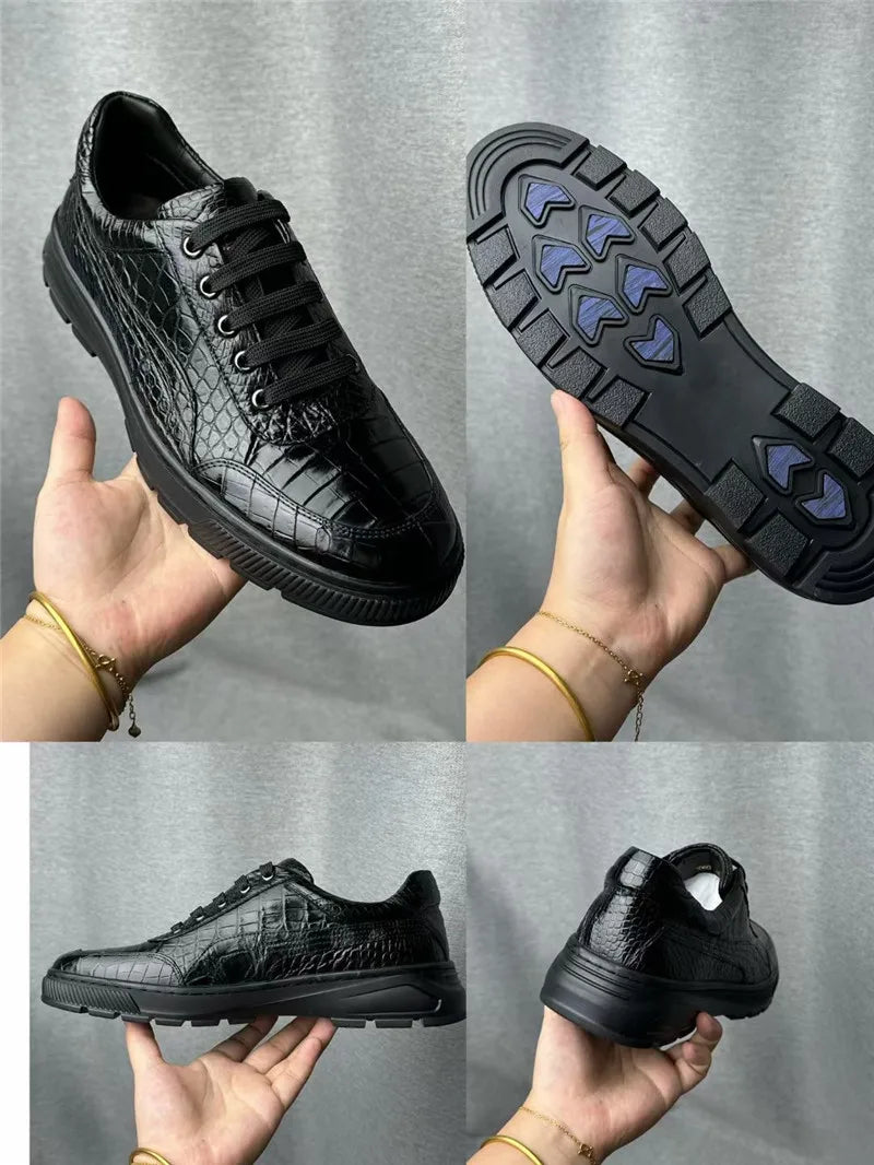 TREKHE | Klassische Sneakers aus Krokodilleder – Schwarze, exotische Schnürschuhe für Herren