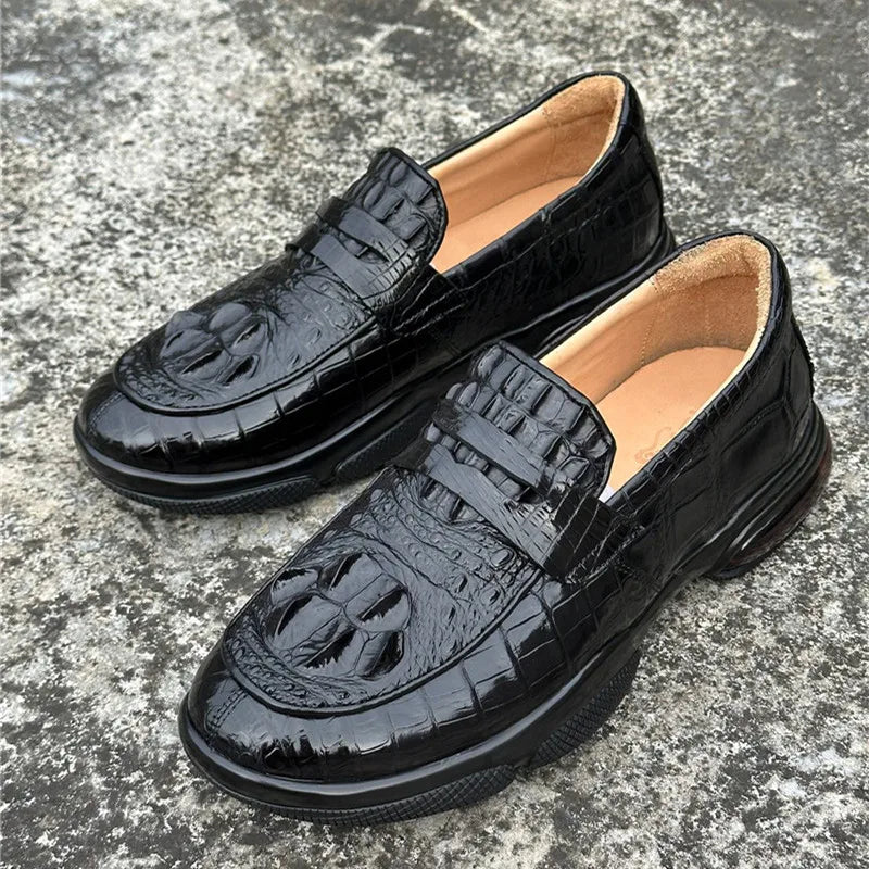 TREKHE | Imperial Black Crocodile Loafers – Weiche Slip-On Business Casual