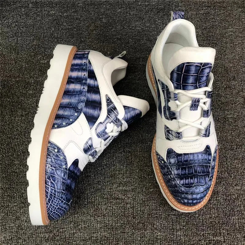TREKHE | Imperial Duo-Tone Crocodile Sneakers – White & Blue Lace-Up Board Shoes