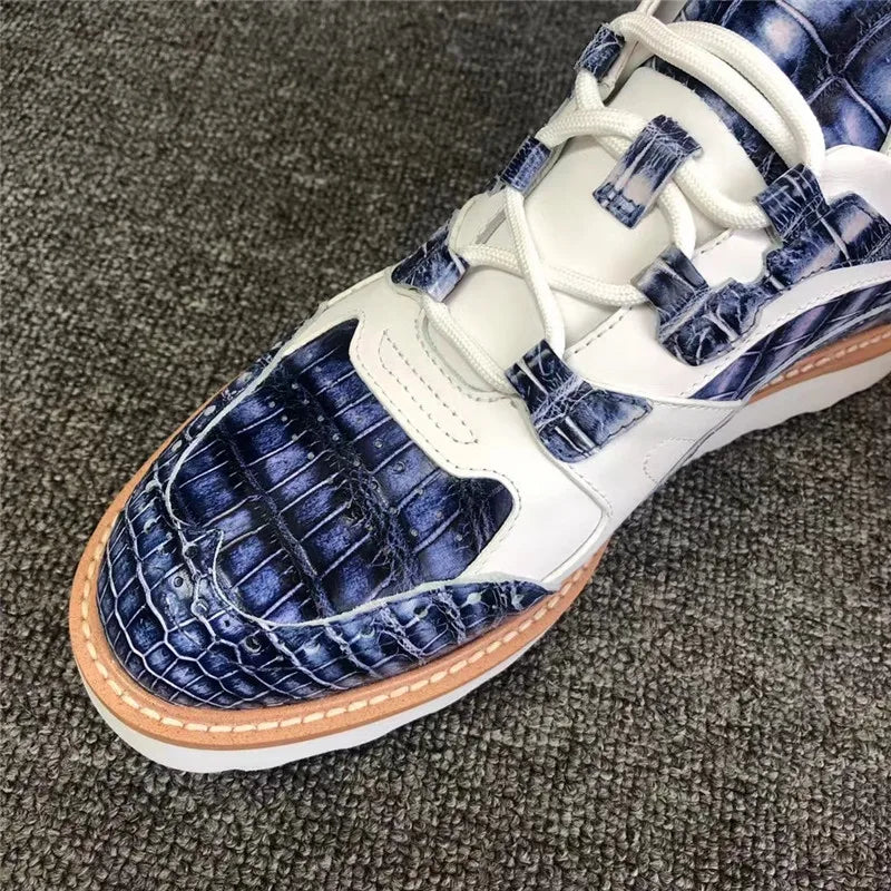TREKHE | Imperial Duo-Tone Crocodile Sneakers – White & Blue Lace-Up Board Shoes