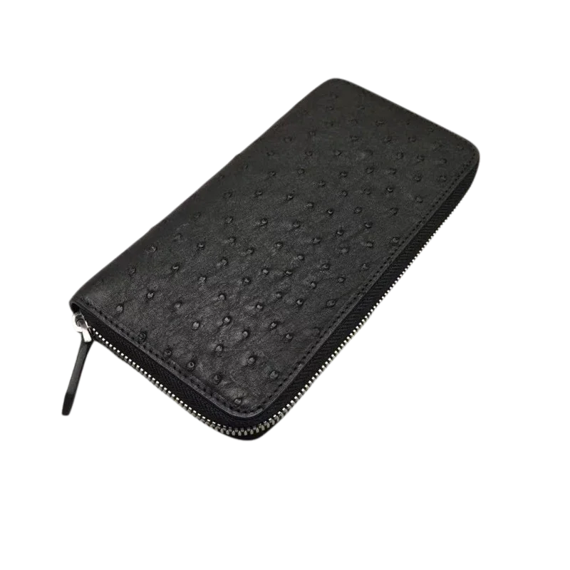 TREKHE | Klassische Geldbörse aus Straußenleder mit Reißverschluss – Lange Clutch für Herren, echtes exotisches Leder