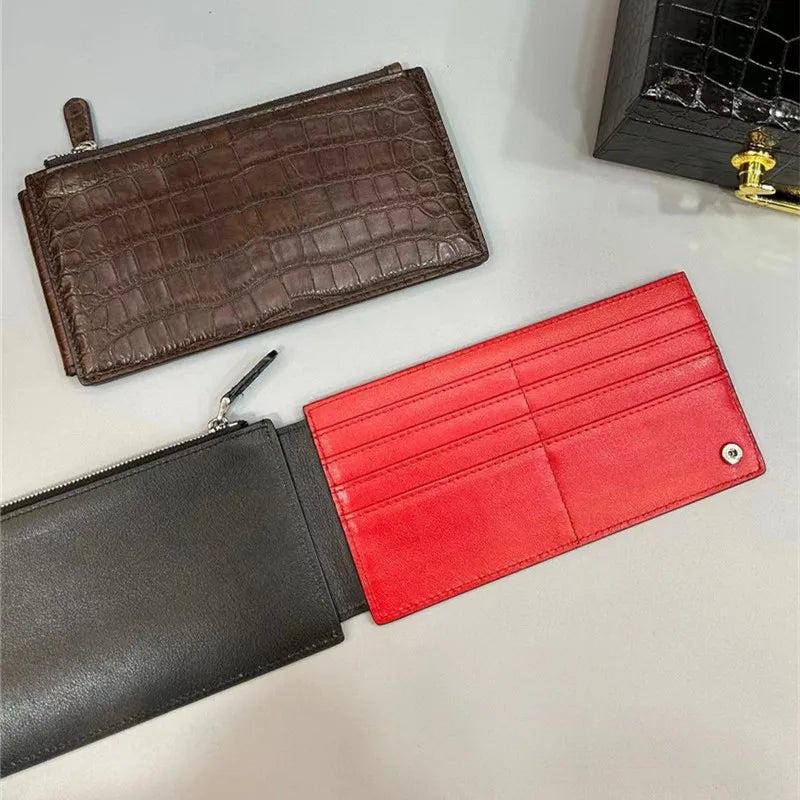 TREKHE | Linear Crocodile Slim Wallet – Langer Organizer aus Leder mit Reißverschluss