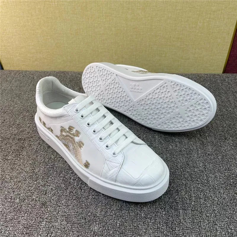 TREKHE | Imperial White Crocodile Sneakers – Embroidered Lace-Up Board Shoes