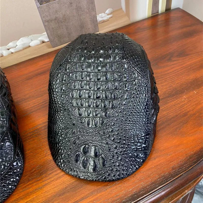 TREKHE | Noir Crocodile Newsboy Cap – Black Exotic Leather Flat Hat
