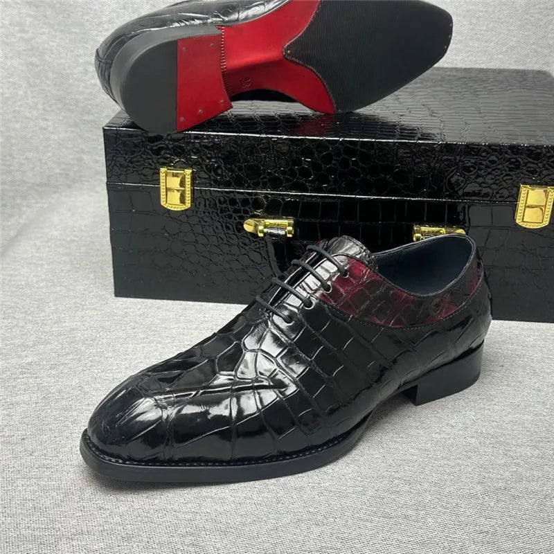 TREKHE | Exotic Crocodile Oxford Shoes – Genuine Leather Men's Square Toe Lace-Up