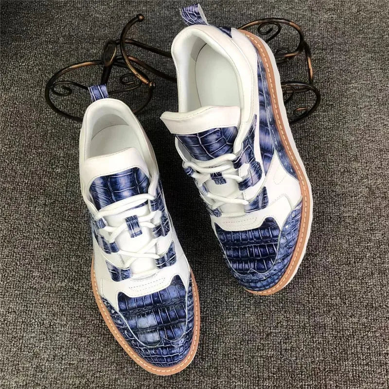TREKHE | Imperial Duo-Tone Crocodile Sneakers – White & Blue Lace-Up Board Shoes